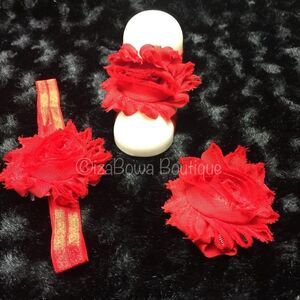 Red Shabby Flower Barefoot Sandal & Headband  BFS111  Handmade NWT Boutique
